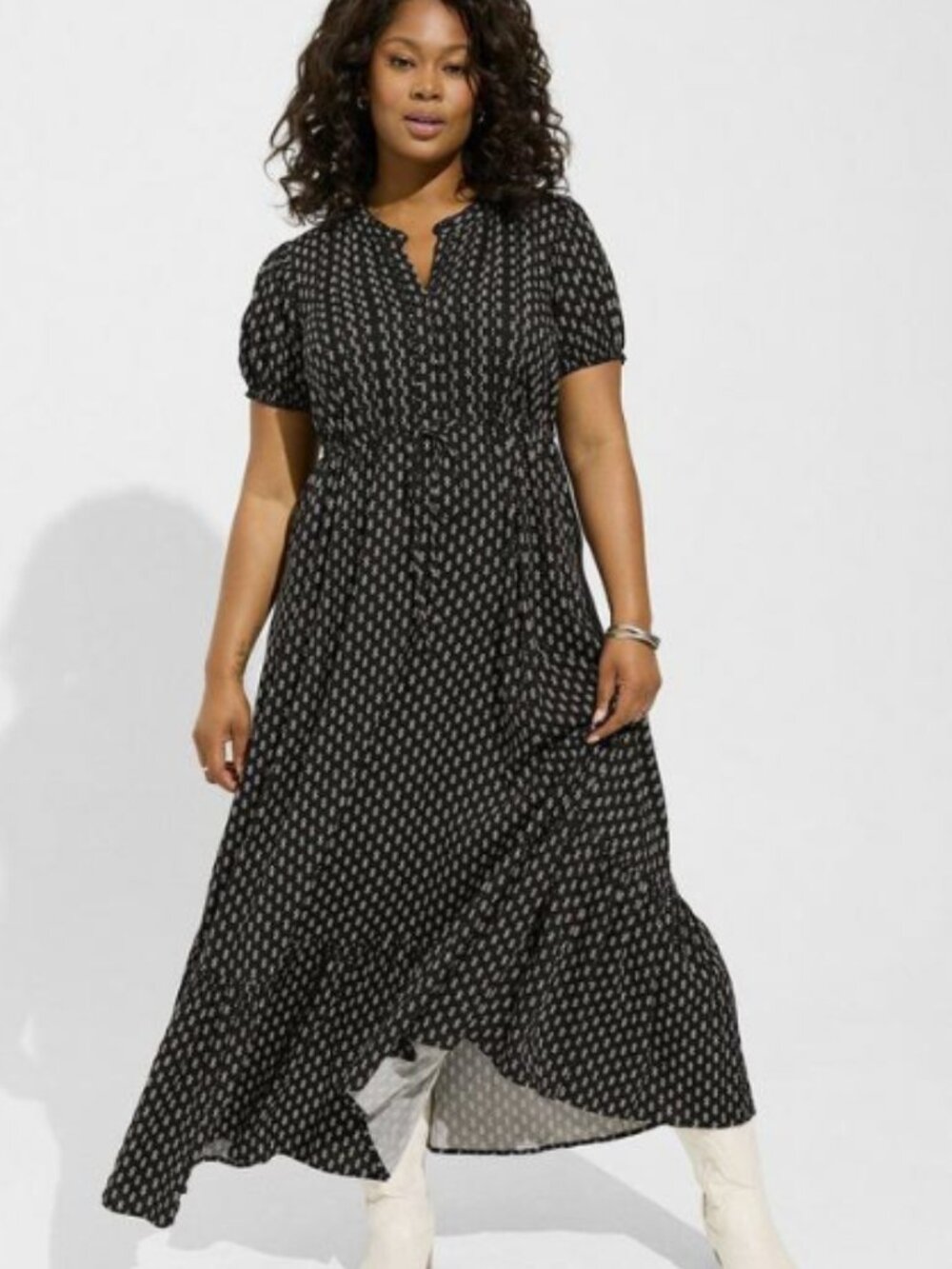 Torrid Maxi Stretch Challis Pintuck Tiered Dress Size 2X Black & White Floral